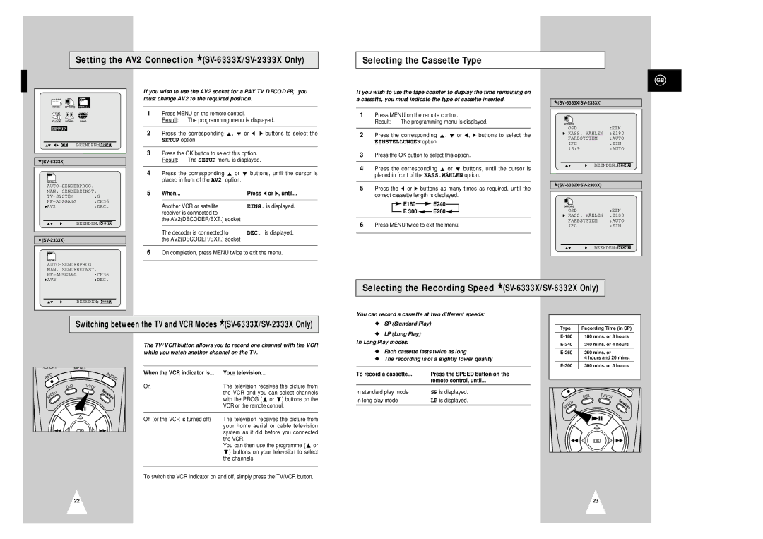 Samsung SV-2303X Selecting the Recording Speed SV-6333X/SV-6332X Only, You can record a cassette at two different speeds 