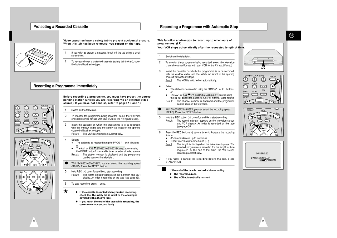 Samsung SV-6333X, SV-6332X, SV-2303X, SV-2333X instruction manual Recording a Programme Immediately, Standby/On 