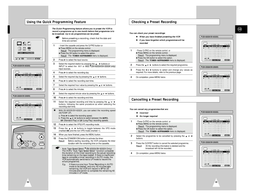 Samsung SV-6332X, SV-2303X, SV-6333X, SV-2333X instruction manual Cancelling a Preset Recording 