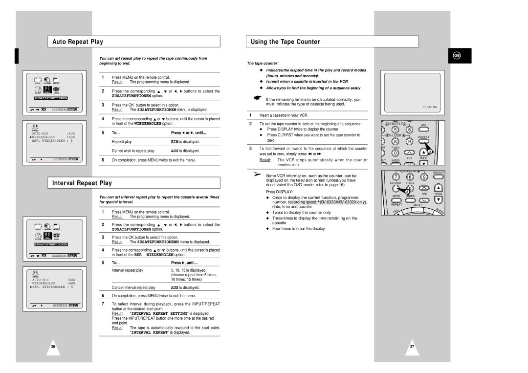 Samsung SV-2303X, SV-6332X, SV-6333X, SV-2333X Auto Repeat Play Using the Tape Counter, Interval Repeat Play 