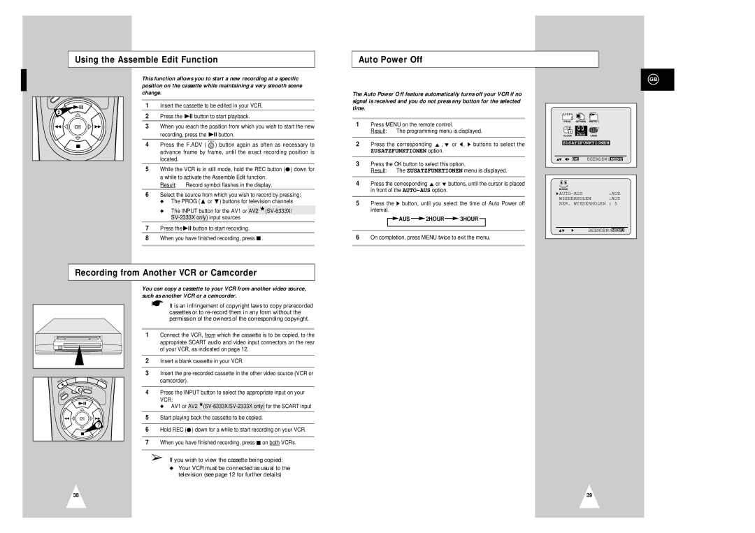 Samsung SV-6333X, SV-6332X, SV-2303X, SV-2333X Using the Assemble Edit Function Auto Power Off, AUS 2HOUR 3HOUR, Vcr 