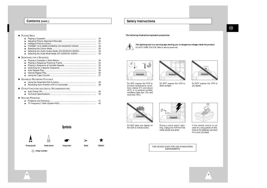 Samsung SV-2333X Safety Instructions, Press/push, = Step number, This Device is not for USE in Industrial Environments 