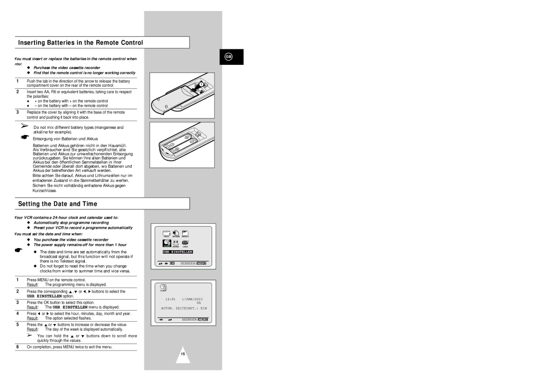 Samsung SV-2303X, SV-6332X, SV-6333X, SV-2333X Inserting Batteries in the Remote Control, Setting the Date and Time 