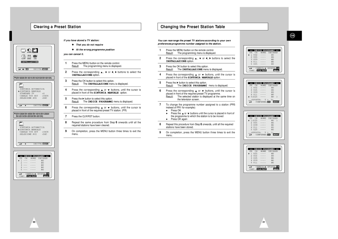 Samsung SV-435X, SV-635X, SV-235X, SV-631X, SV-431X, SV-2313X Clearing a Preset Station Changing the Preset Station Table 