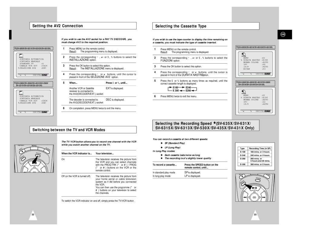 Samsung SV-235X Setting the AV2 Connection Selecting the Cassette Type, Selecting the Recording Speed SV-635X/SV-631X 