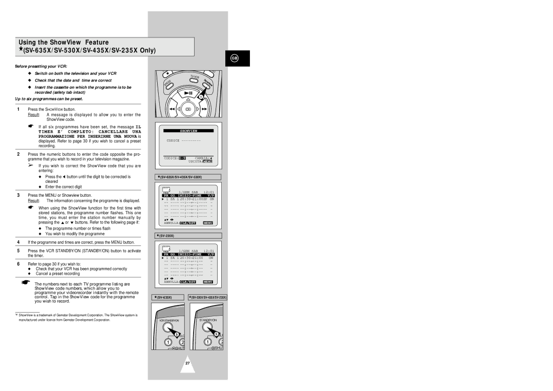 Samsung SV-2315X, SV-635X, SV-235X, SV-435X, SV-631X, SV-431X, SV-2313X, SV-6315X, SV-530X, SV-6313X instruction manual Showview 