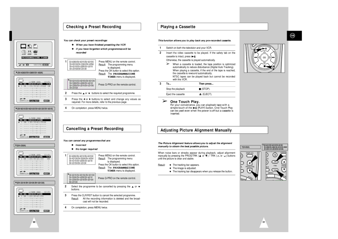 Samsung SV-530X, SV-635X Checking a Preset Recording, Playing a Cassette, Cancelling a Preset Recording, One Touch Play 