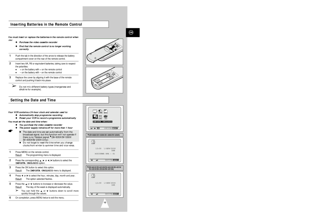 Samsung SV-6313X, SV-635X, SV-235X, SV-435X, SV-631X Inserting Batteries in the Remote Control, Setting the Date and Time 