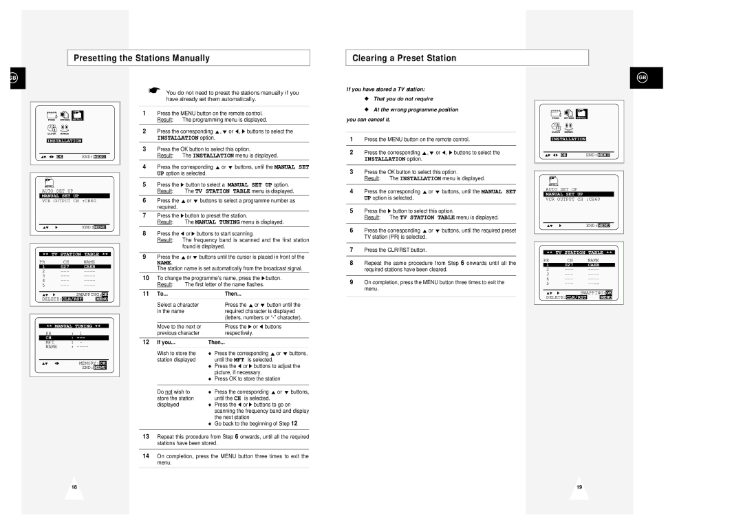 Samsung SV-645B, SV-643B Presetting the Stations Manually Clearing a Preset Station, 11 To...Then, If you Then 