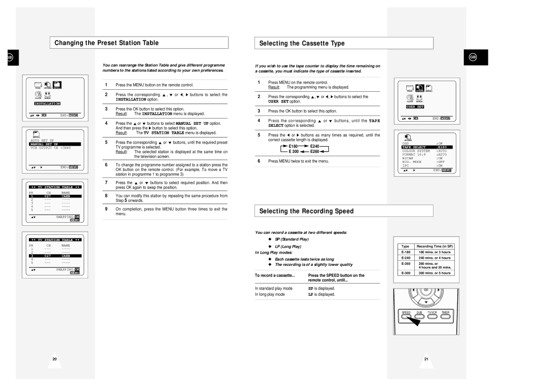 Samsung SV-643B, SV-645B instruction manual Selecting the Recording Speed, E180 E240 300 E260 