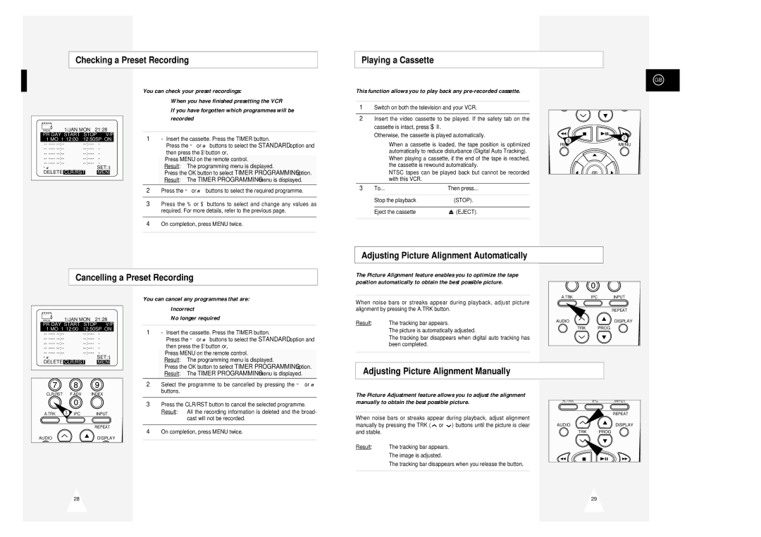 Samsung SV-645B, SV-643B Checking a Preset Recording Playing a Cassette, Adjusting Picture Alignment Manually, Incorrect 