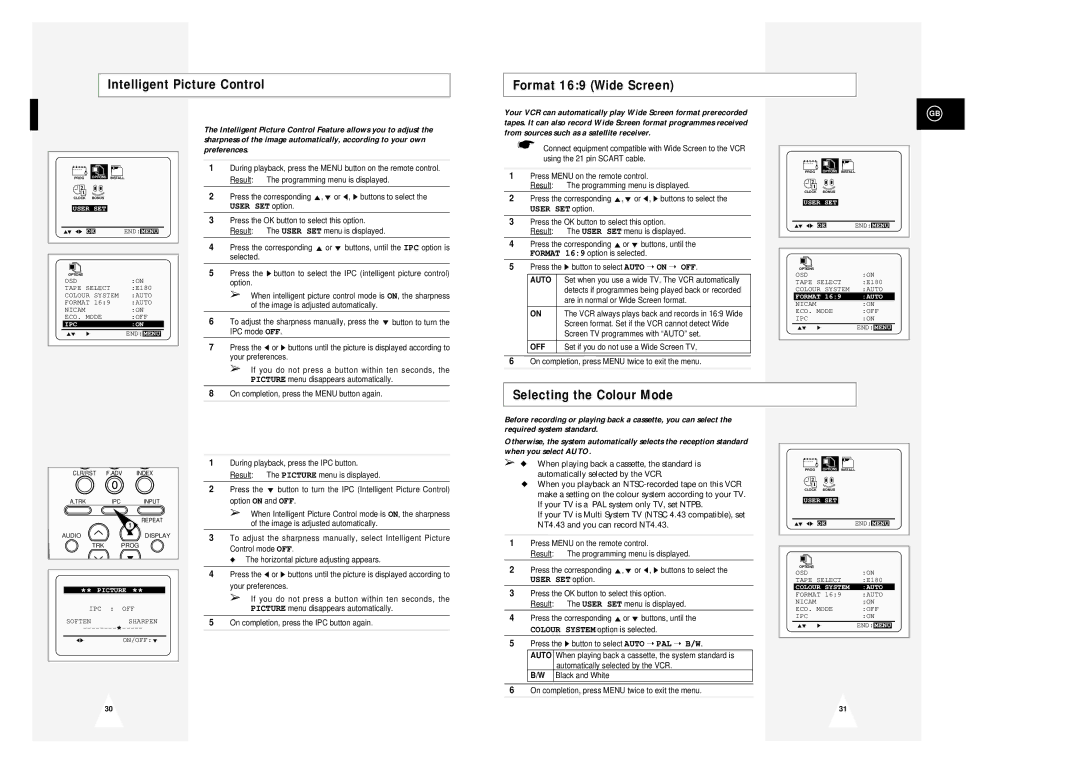 Samsung SV-643B, SV-645B instruction manual Intelligent Picture Control Format 169 Wide Screen, Selecting the Colour Mode 