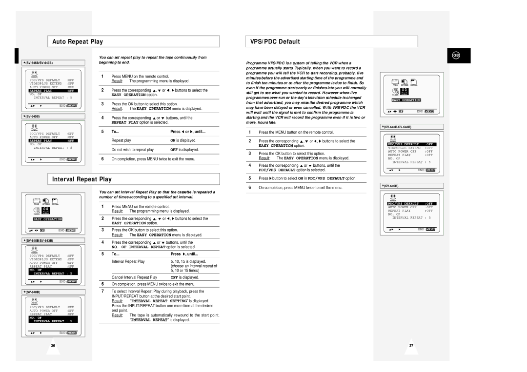 Samsung SV-645B, SV-643B instruction manual Auto Repeat Play VPS/PDC Default, Interval Repeat Play, Press ❿, until 