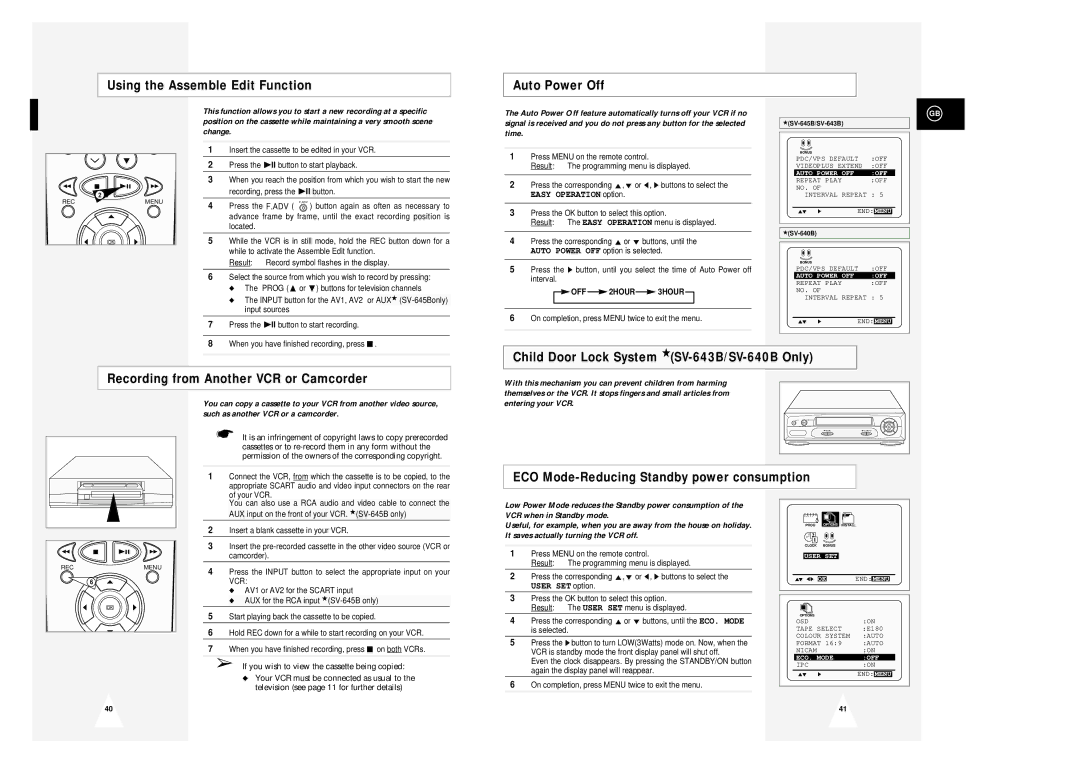 Samsung SV-645B, SV-643B Using the Assemble Edit Function Auto Power Off, ECO Mode-Reducing Standby power consumption, Vcr 