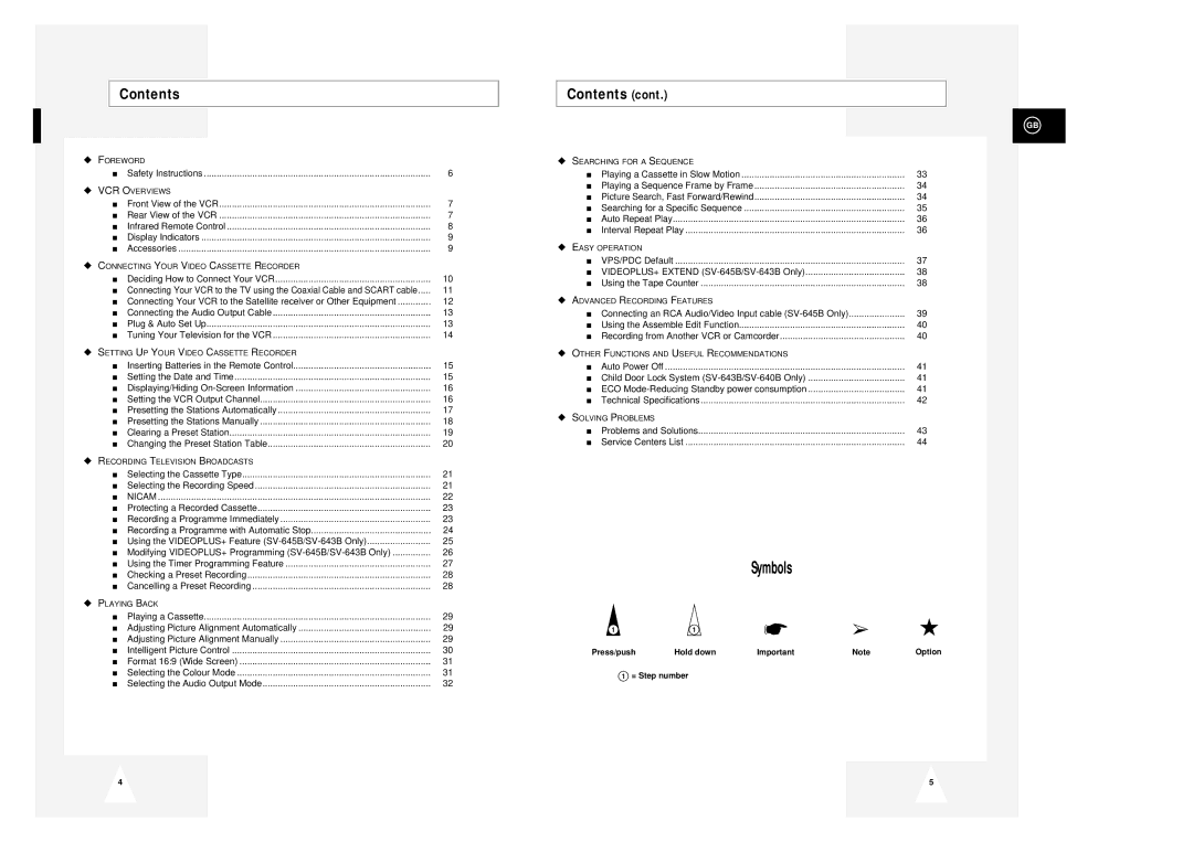 Samsung SV-645B, SV-643B instruction manual Contents 