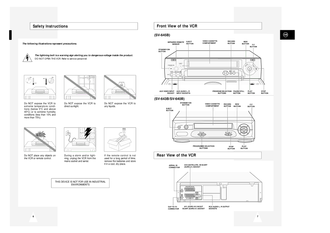 Samsung SV-643B instruction manual Safety Instructions, Front View of the VCR SV-645B, Rear View of the VCR 