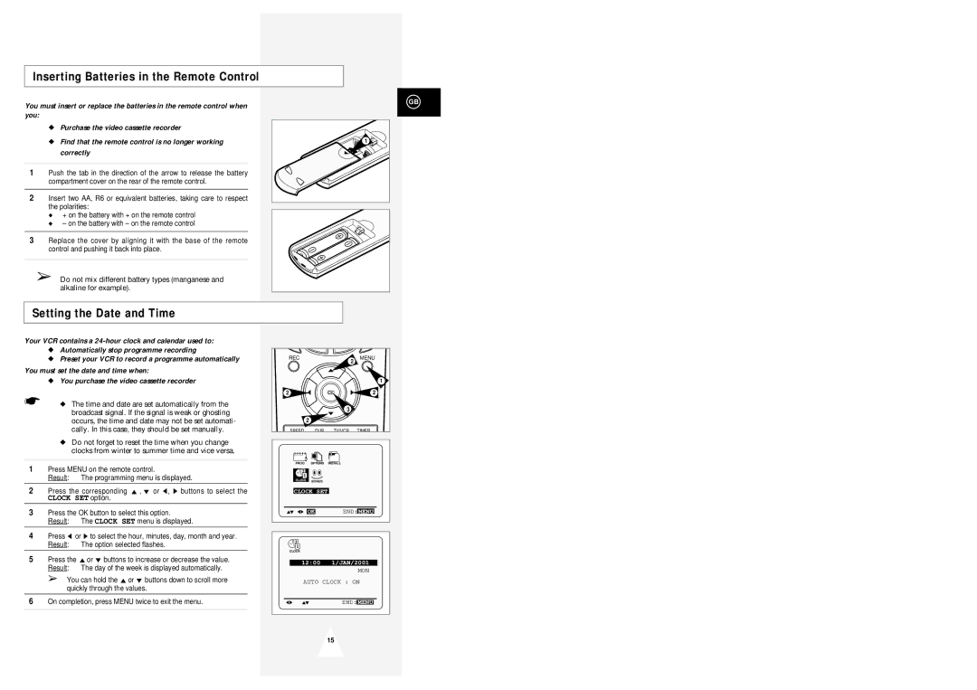 Samsung SV-645B, SV-643B instruction manual Inserting Batteries in the Remote Control, Setting the Date and Time 