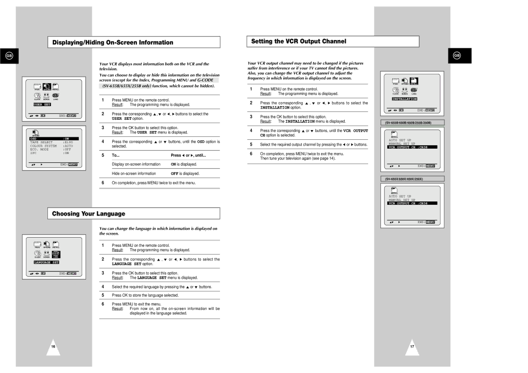 Samsung SV-250B Choosing Your Language, SV-655B/655X/255B only function, which cannot be hidden, Press or ❿, until 