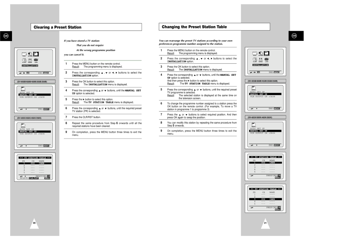 Samsung SV-655X, SV-655B, SV-450X, SV-650X, SV-250B, SV-650B Clearing a Preset Station Changing the Preset Station Table 