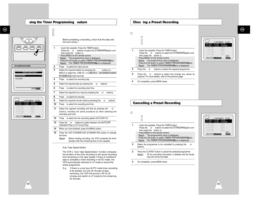 Samsung SV-250B, SV-655X, SV-655B, SV-450X, SV-650X Cancelling a Preset Recording, Auto Tape Speed Select, Whole programme 