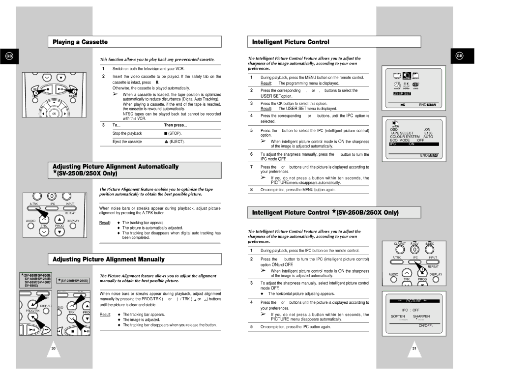 Samsung SV-650B Playing a Cassette Intelligent Picture Control, Intelligent Picture Control SV-250B/250X Only, Then press 