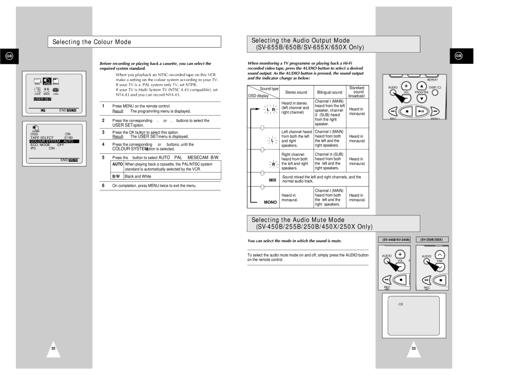 Samsung SV-655X, SV-655B, SV-450X, SV-650X If your TV is a PAL system only TV, set Ntpb, NT4.43 and you can record NT4.43 