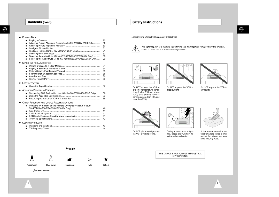 Samsung SV-650X, SV-655X, SV-655B, SV-450X, SV-250B, SV-650B instruction manual Safety Instructions, Press/push, = Step number 