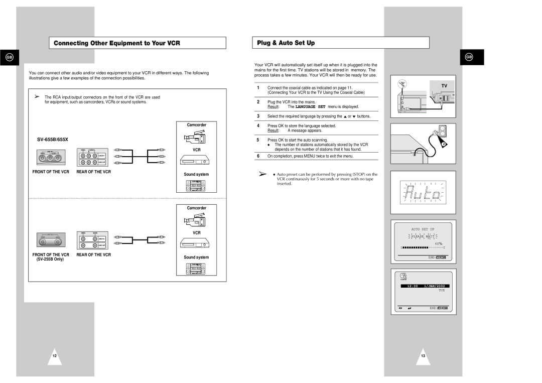 Samsung SV-655B, SV-655X, SV-450X, SV-650X Connecting Other Equipment to Your VCR Plug & Auto Set Up, Sound system Camcorder 