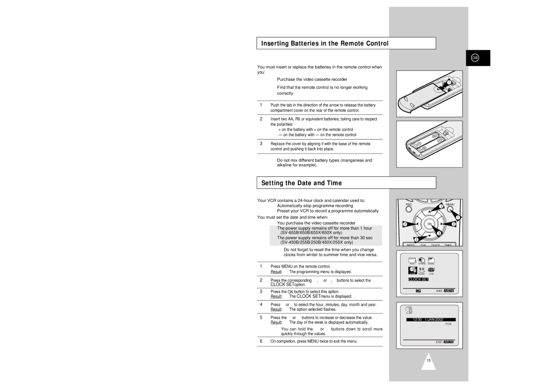 Samsung SV-650X, SV-655X, SV-655B, SV-450X, SV-250B Inserting Batteries in the Remote Control, Setting the Date and Time 