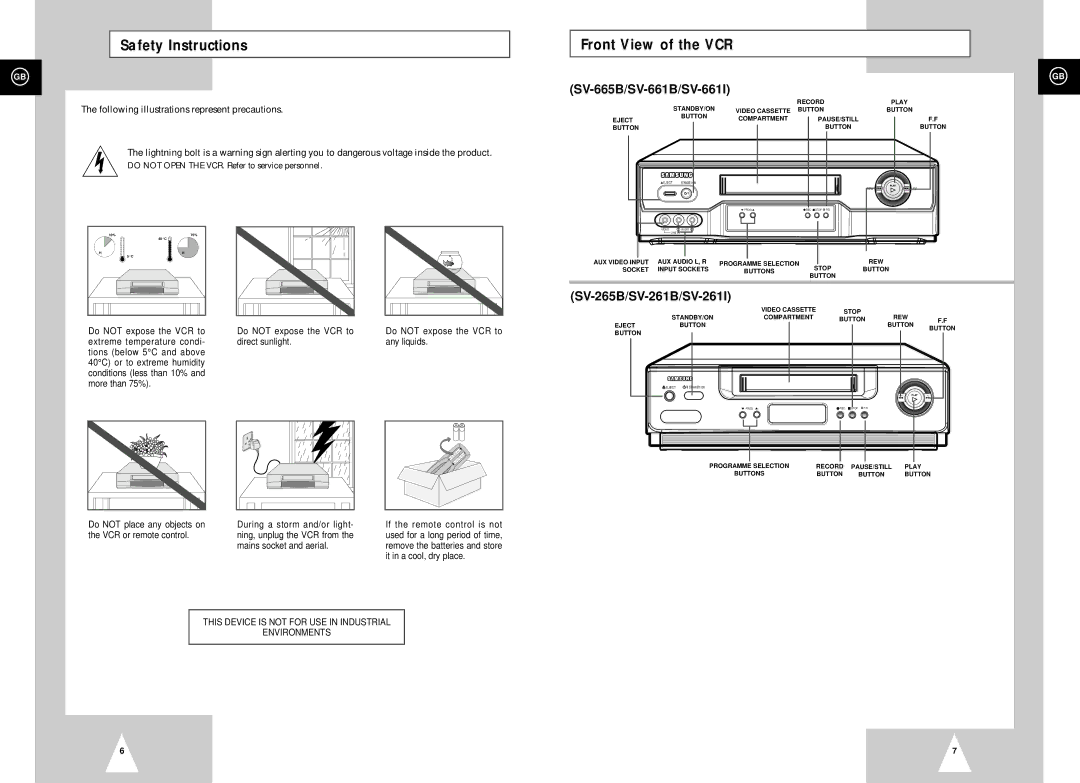 Samsung SV-661B, SV-661I Safety Instructions, Front View of the VCR, Mains socket and aerial, It in a cool, dry place 