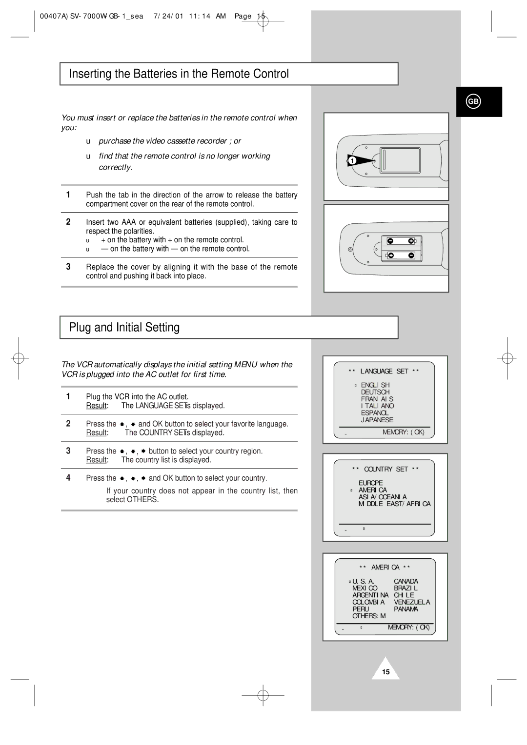 Samsung SV-7000W manual Inserting the Batteries in the Remote Control, Plug and Initial Setting 