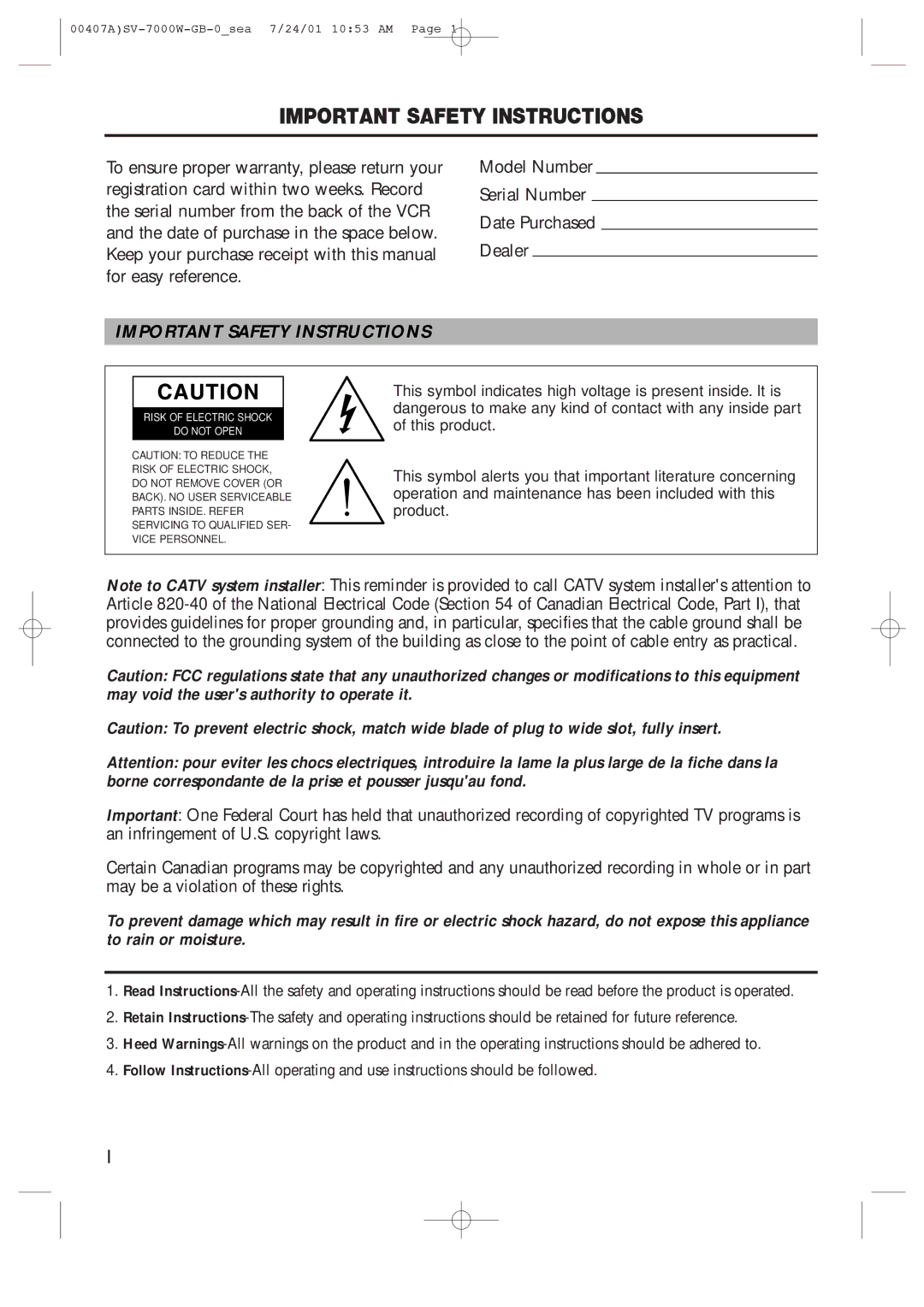 Samsung SV-7000W manual Important Safety Instructions 