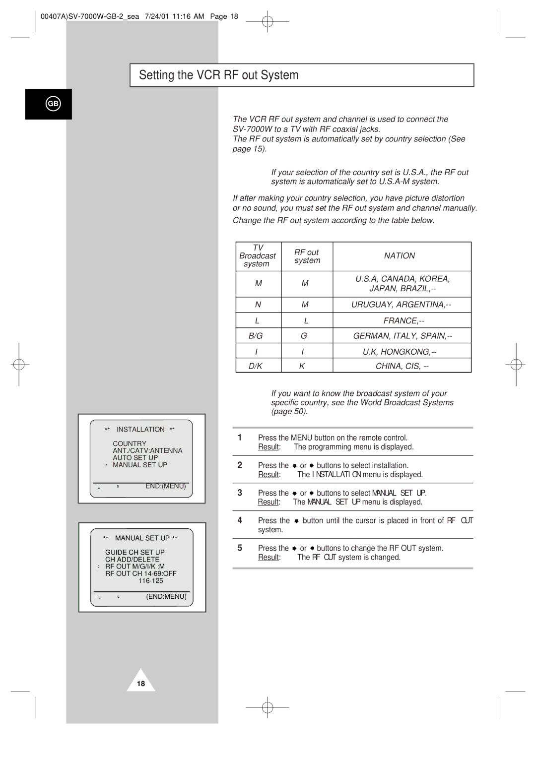 Samsung SV-7000W manual Setting the VCR RF out System, China, Cis 