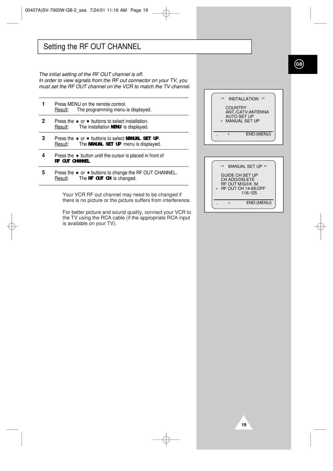 Samsung SV-7000W manual Setting the RF OUT Channel, Initial setting of the RF OUT channel is off 