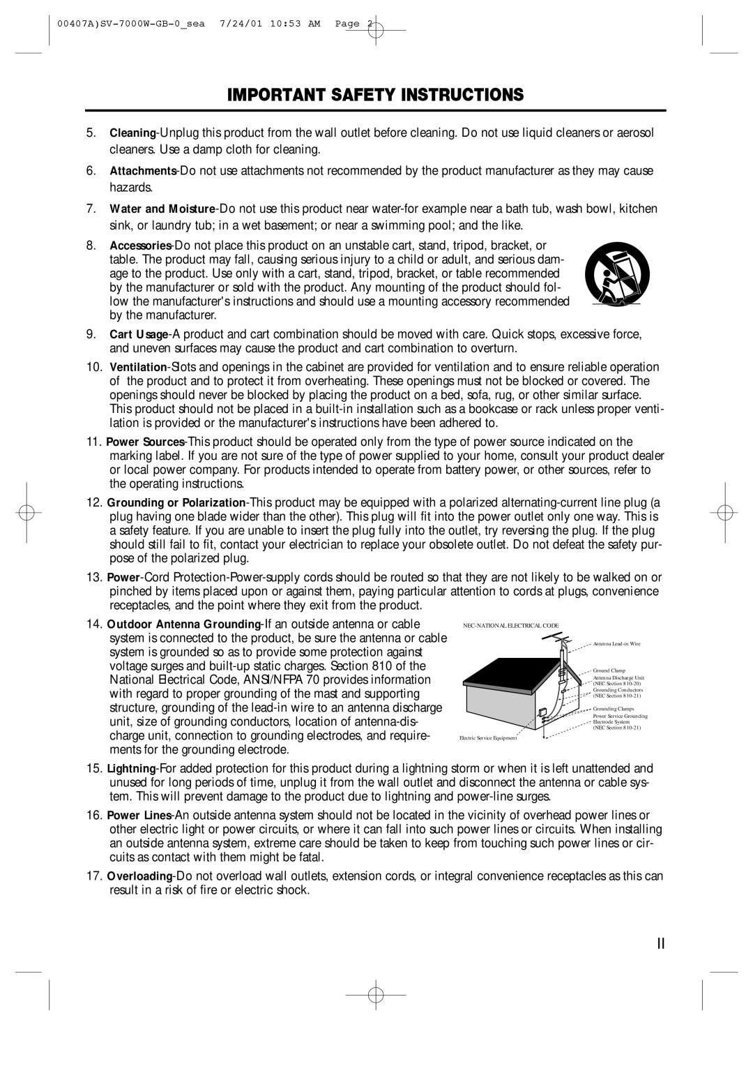 Samsung SV-7000W manual NEC-NATIONAL Electrical Code 