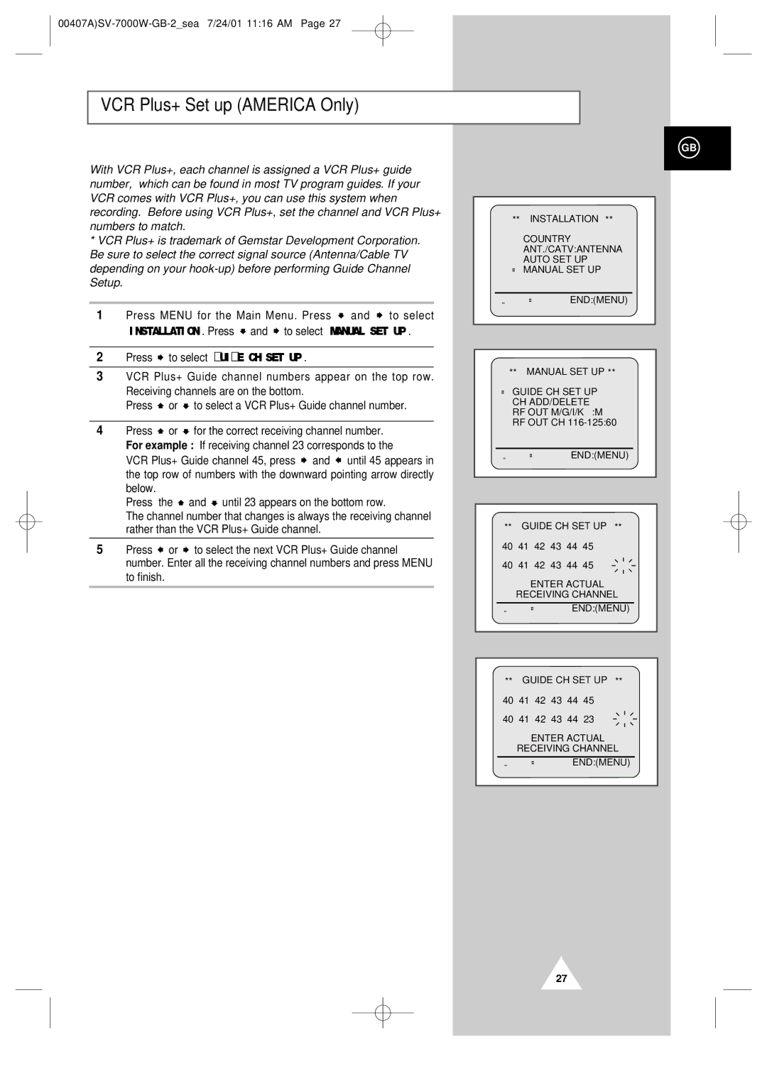 Samsung SV-7000W manual VCR Plus+ Set up America Only 