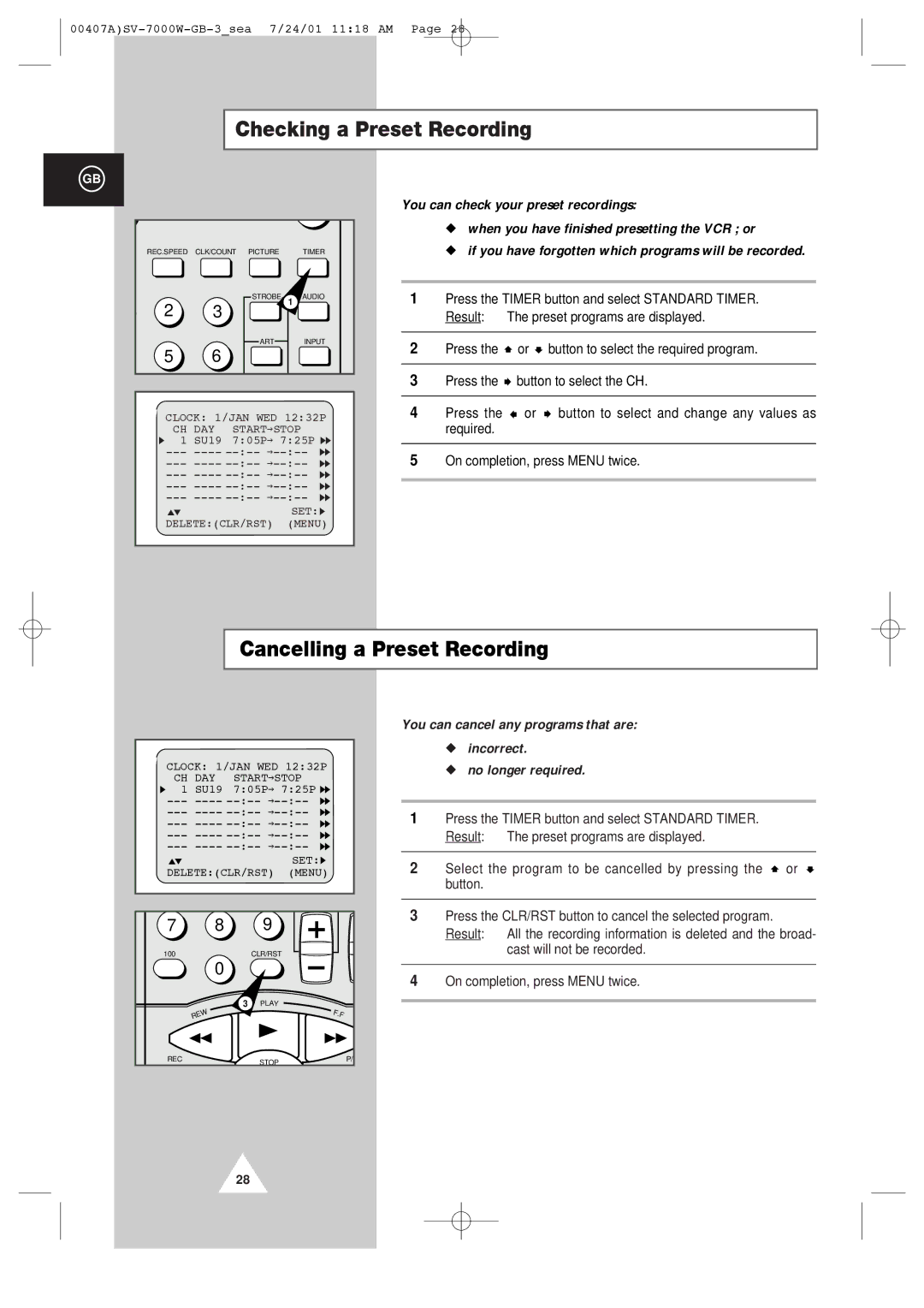 Samsung SV-7000W manual Checking a Preset Recording, Cancelling a Preset Recording 