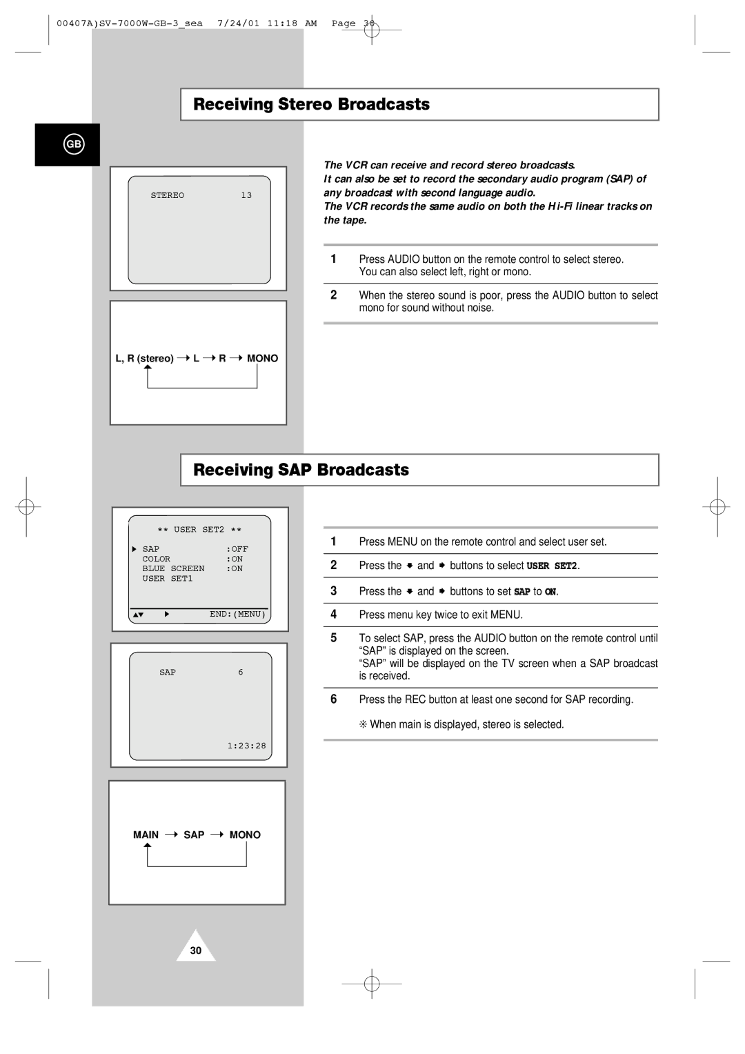 Samsung SV-7000W manual Receiving Stereo Broadcasts, Receiving SAP Broadcasts 