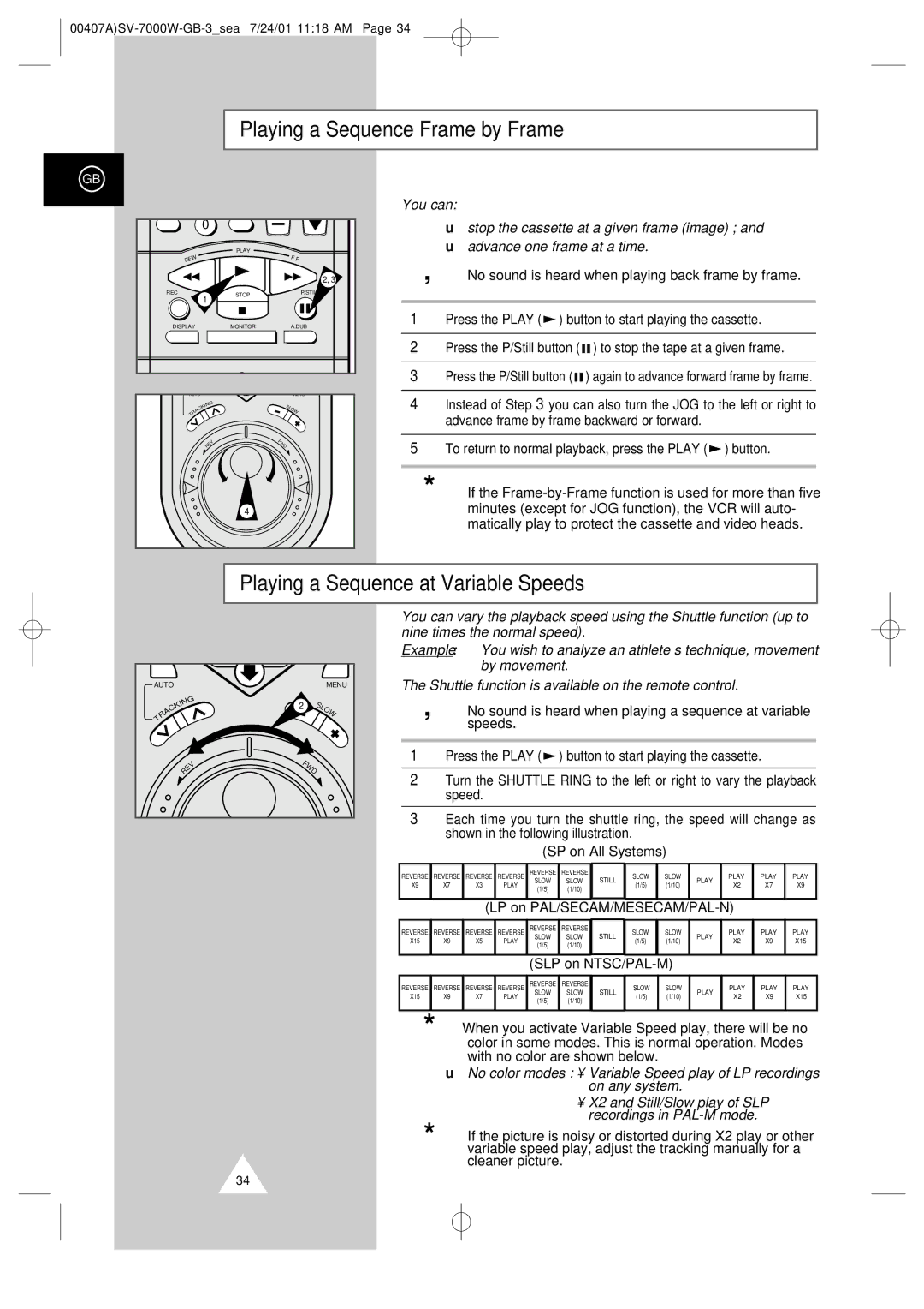 Samsung SV-7000W manual Playing a Sequence Frame by Frame, Playing a Sequence at Variable Speeds, LP on, On NTSC/PAL 