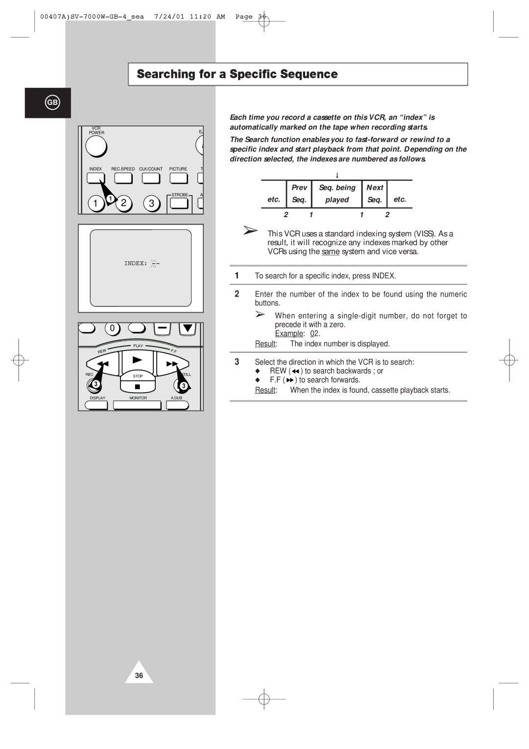 Samsung SV-7000W manual Searching for a Specific Sequence, Seq Etc 