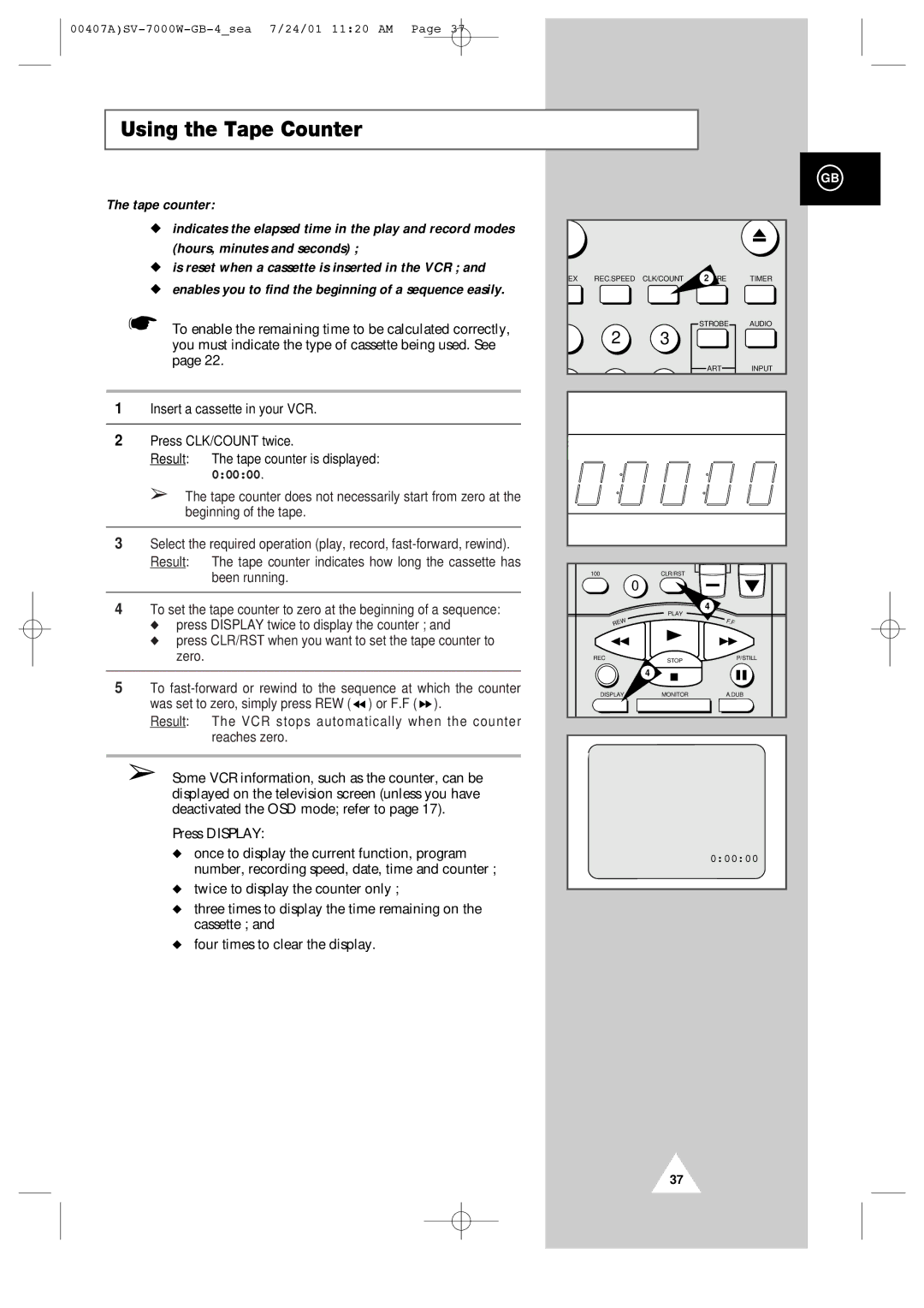 Samsung SV-7000W manual Using the Tape Counter, 00000 