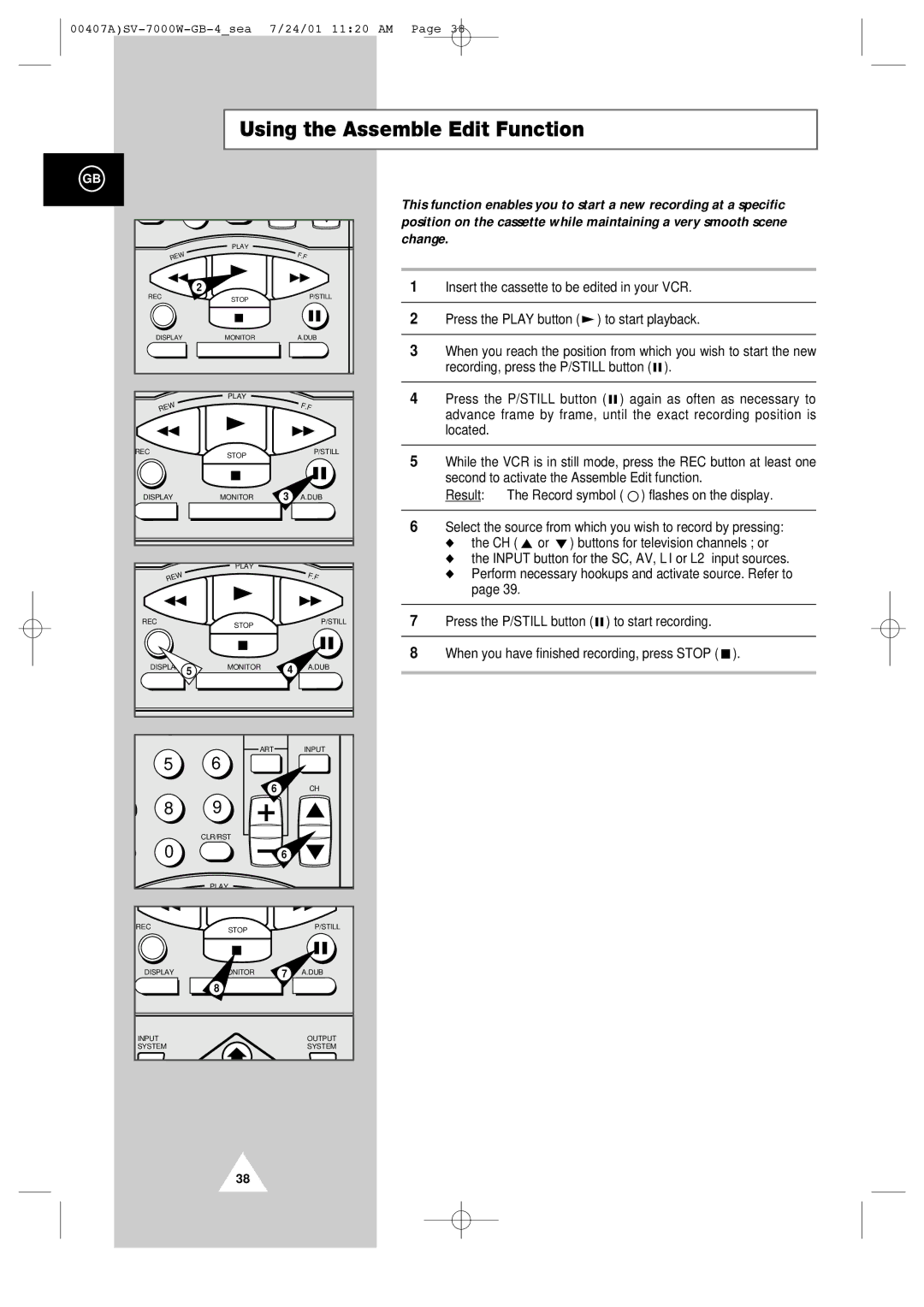 Samsung SV-7000W manual Using the Assemble Edit Function 