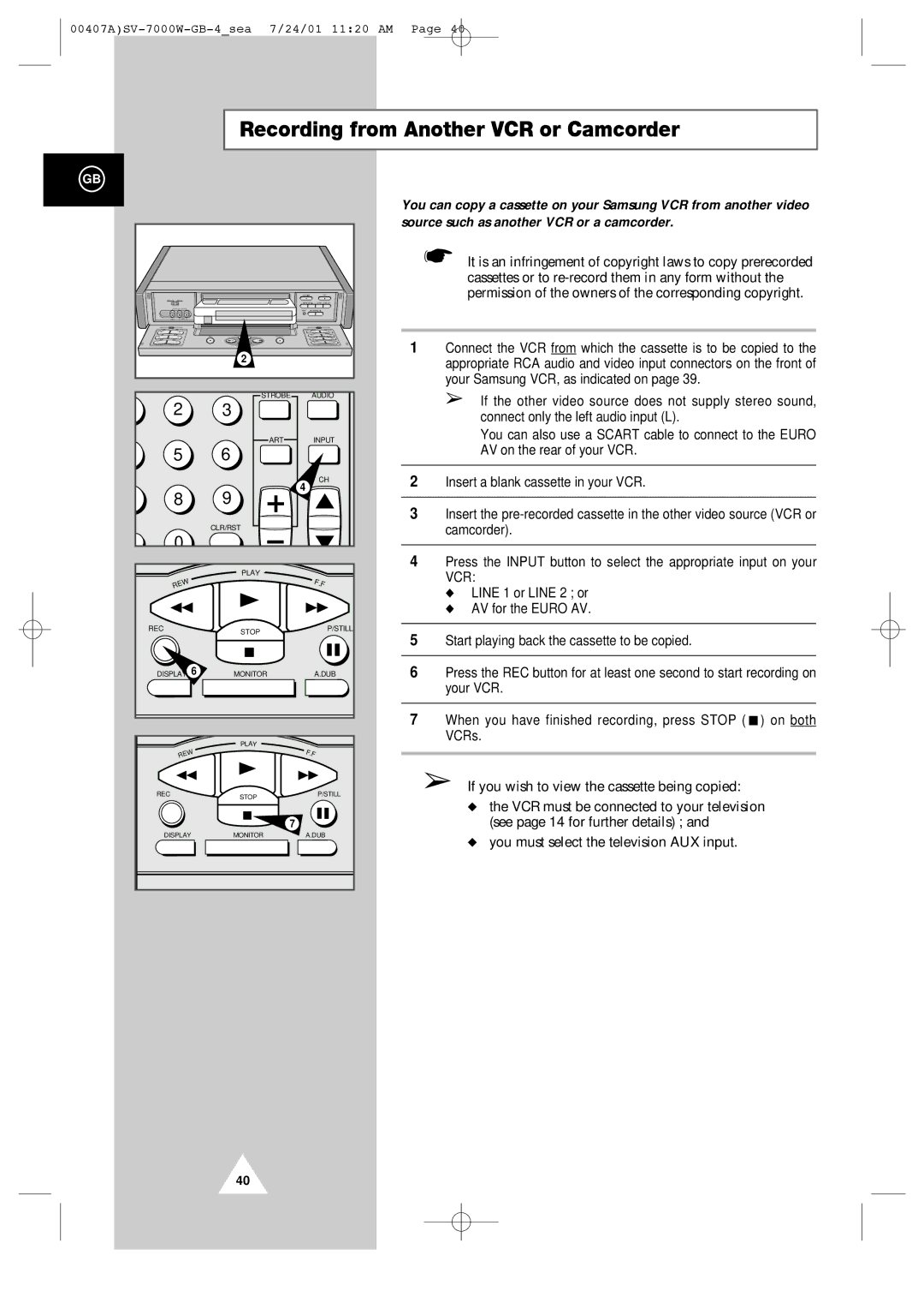 Samsung SV-7000W manual Recording from Another VCR or Camcorder 