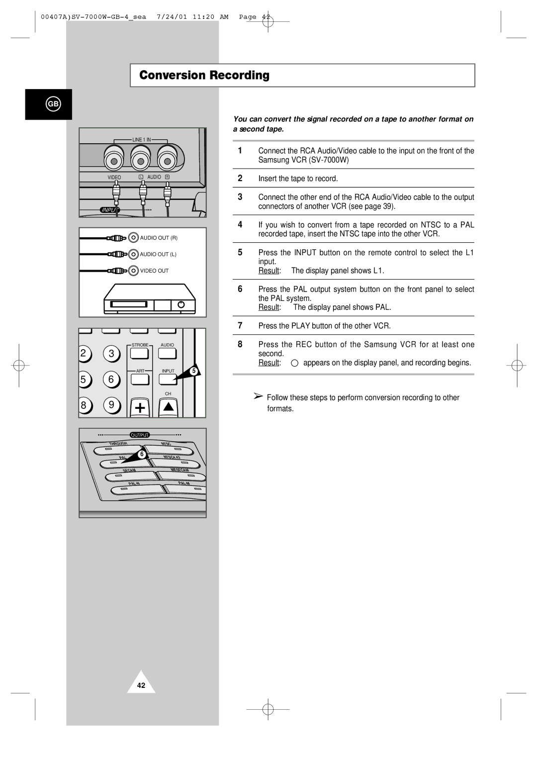 Samsung SV-7000W manual Conversion Recording, Input 