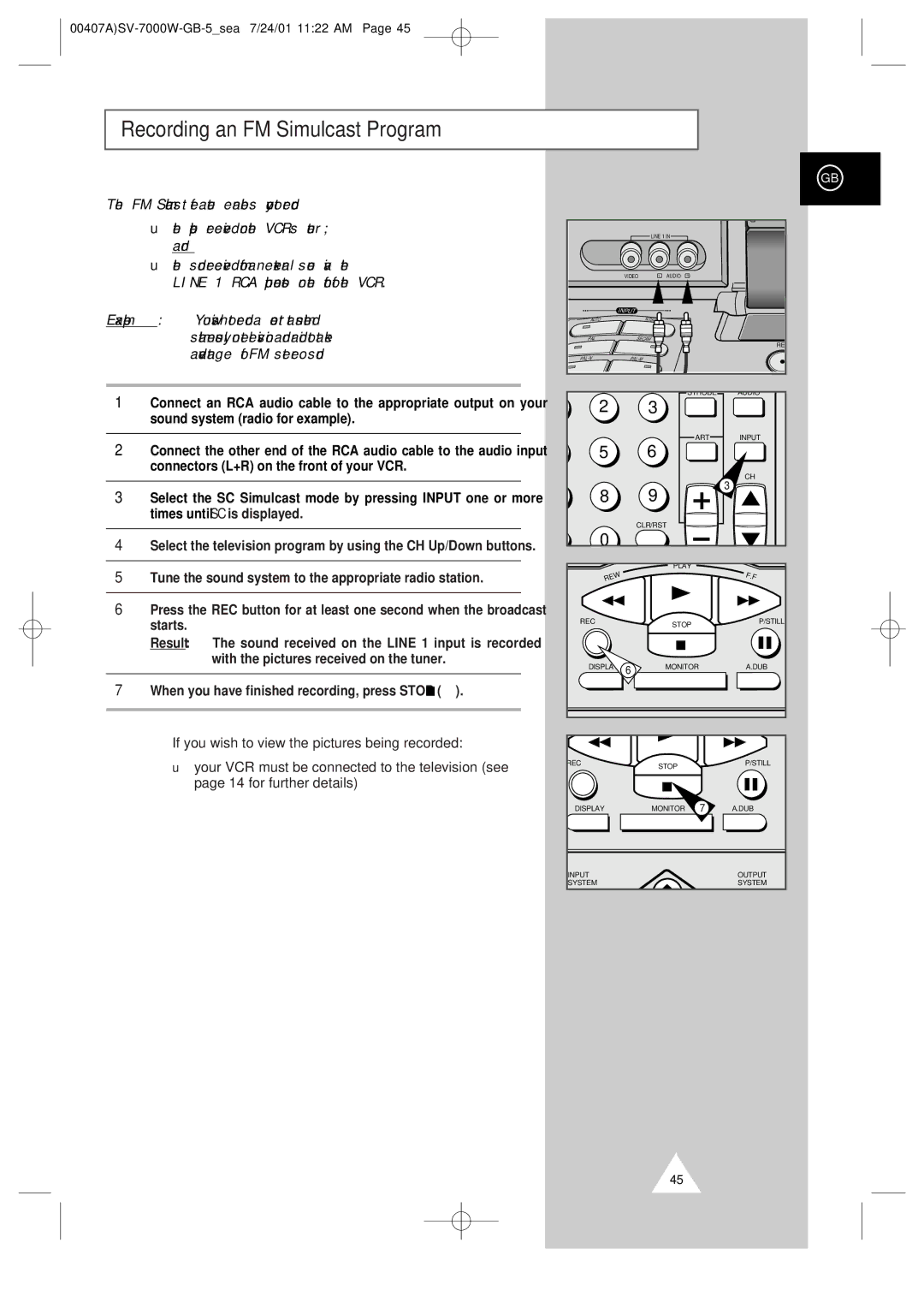 Samsung SV-7000W manual Recording an FM Simulcast Program 