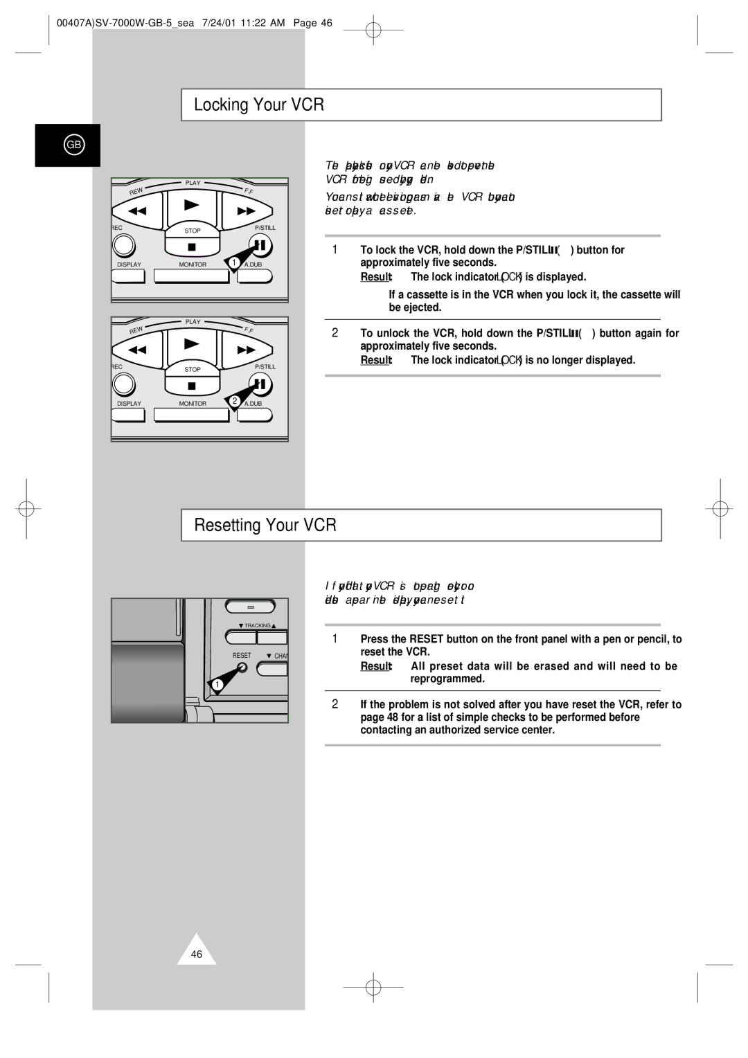 Samsung SV-7000W manual Locking Your VCR, Resetting Your VCR 