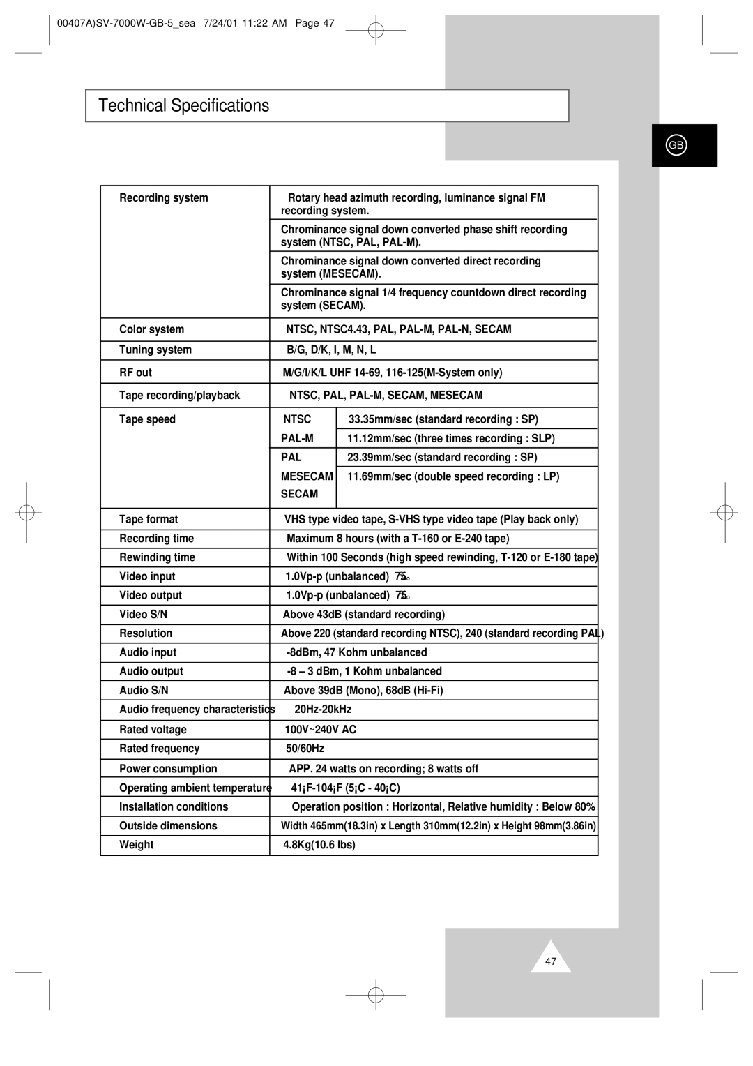 Samsung SV-7000W manual Technical Specifications 