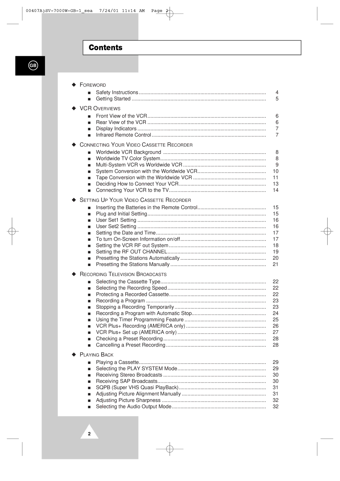 Samsung SV-7000W manual Contents 