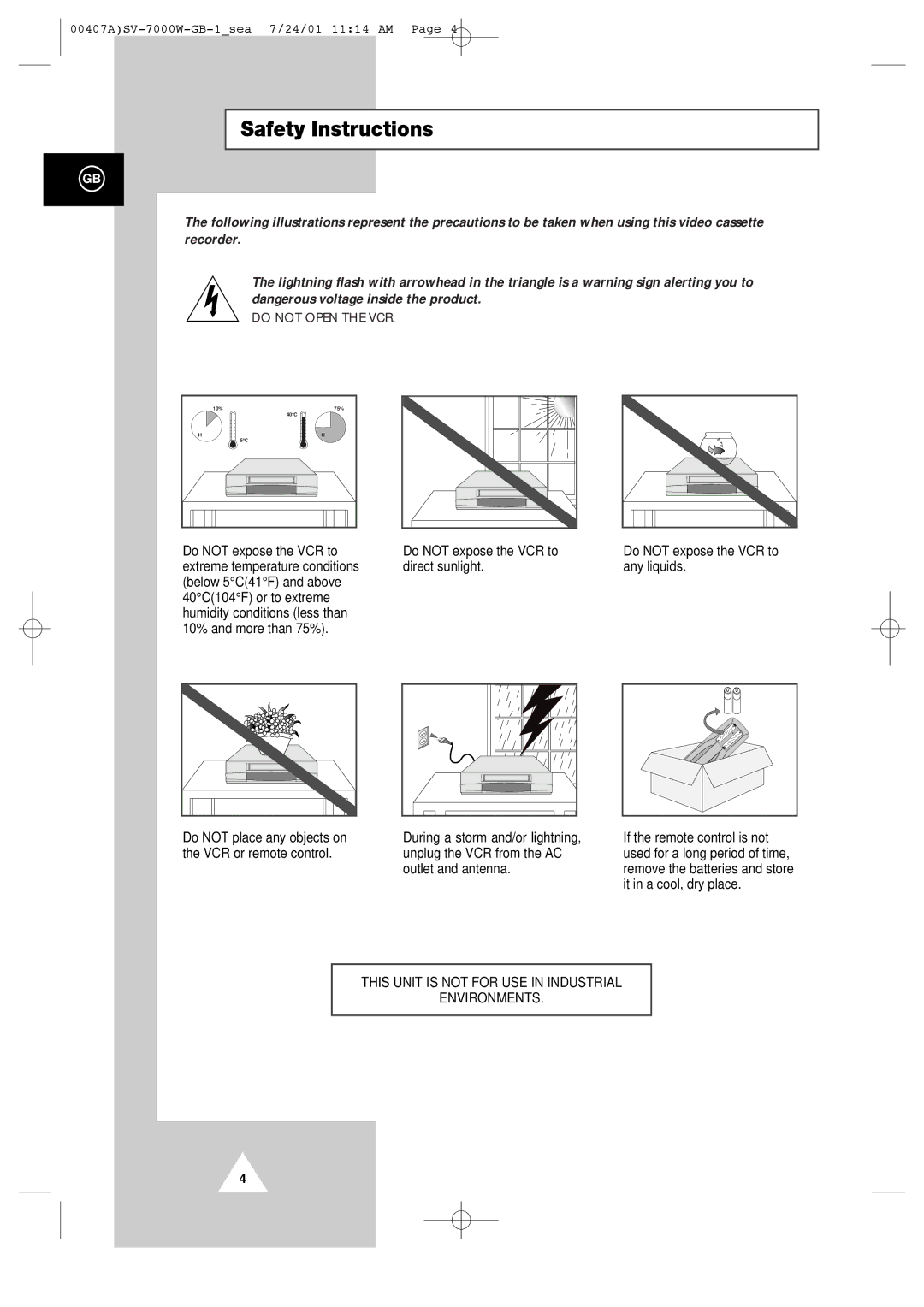 Samsung SV-7000W manual Safety Instructions, This Unit is not for USE in Industrial Environments 