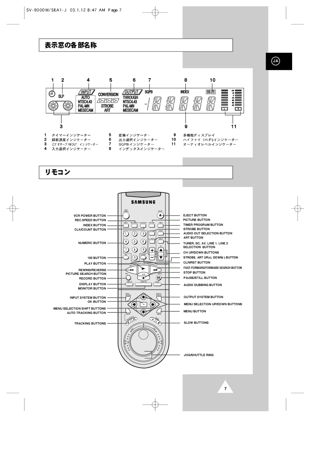 Samsung SV-9000W manual Index Button 